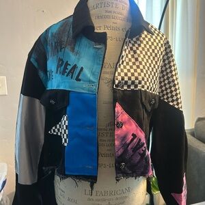 custom-made, upcycled denim jacket with patchwork,and checkered details